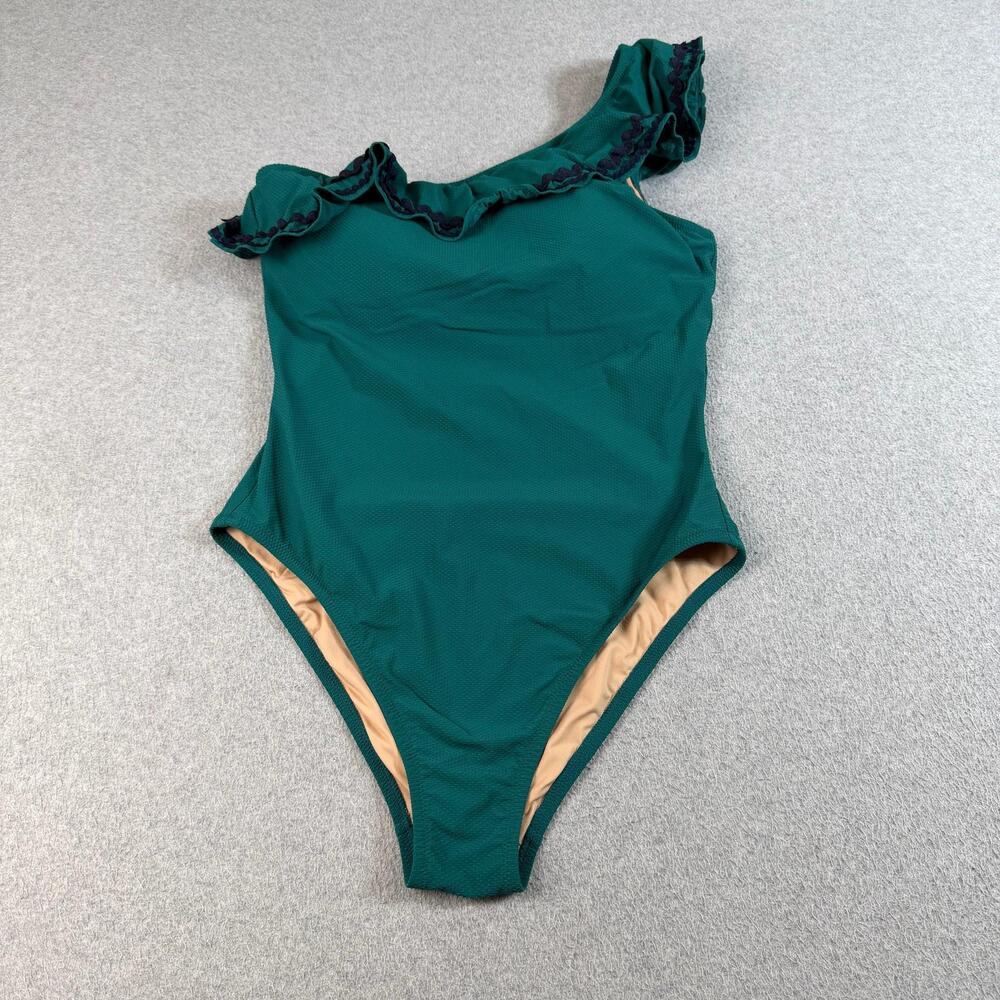 J Crew Swimsuit Womens 8 Green One Shoulder One Piece Ruffle Textured Swim Pool